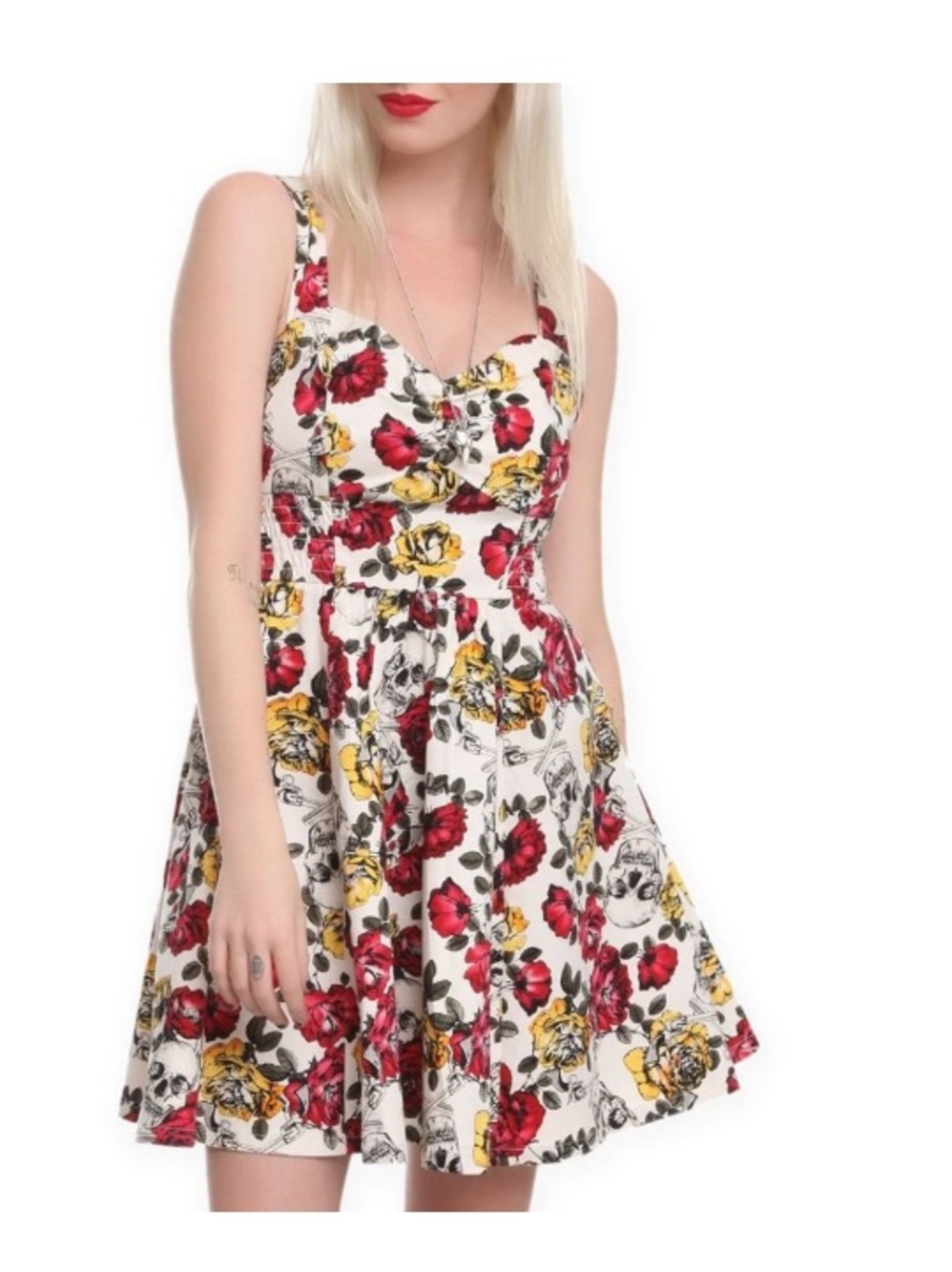 Hot Topic / White Mini Dress with skulls, roses , guns